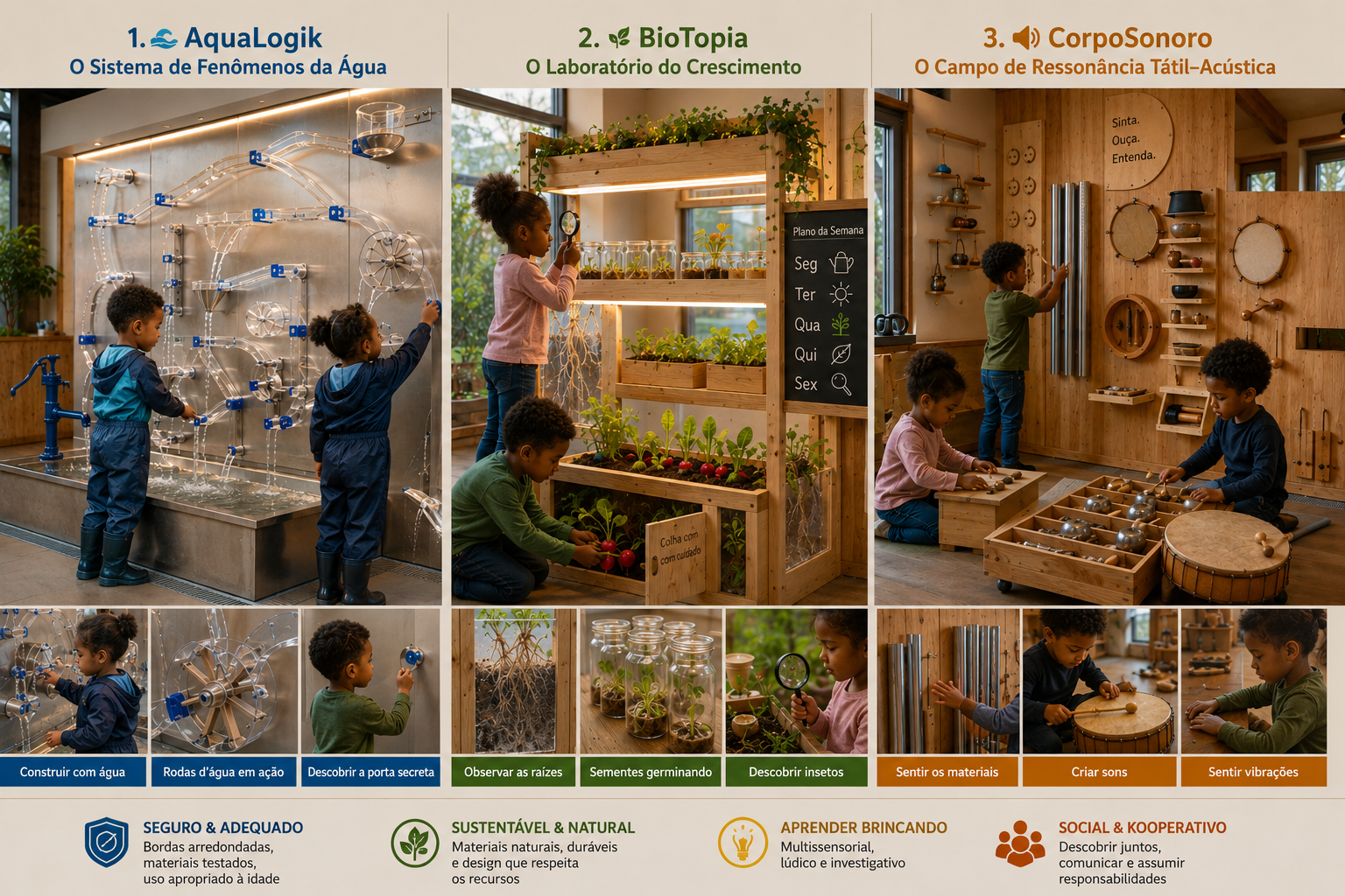 Estações: AquaLogik, BioTopia, CorpoSonoro (KI-generierte Illustration)